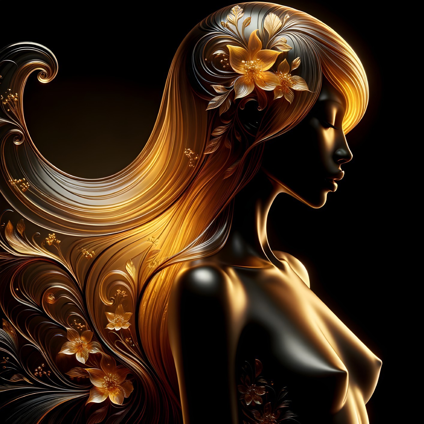 Stylized silhouette of a woman with glowing hair and flowers