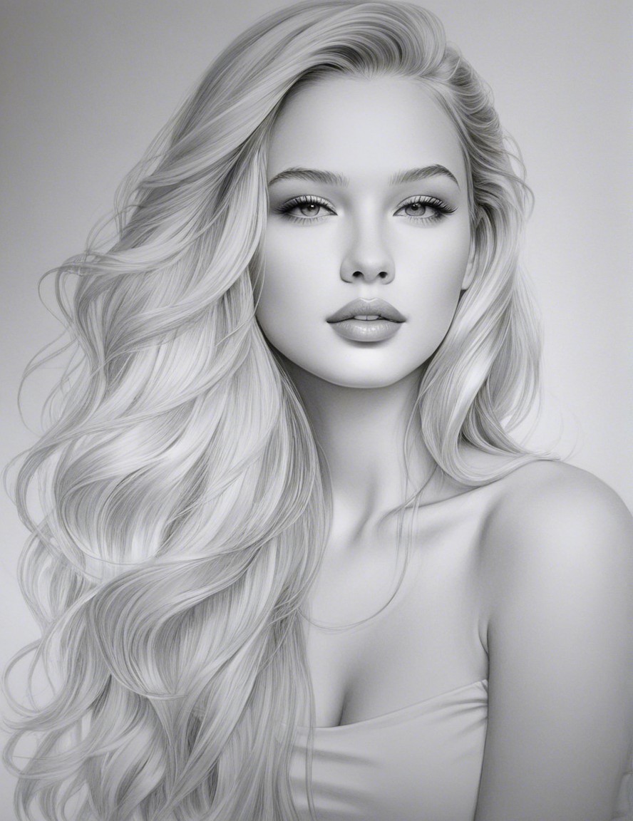 Grayscale Portrait of a Young Woman with Flowing Hair