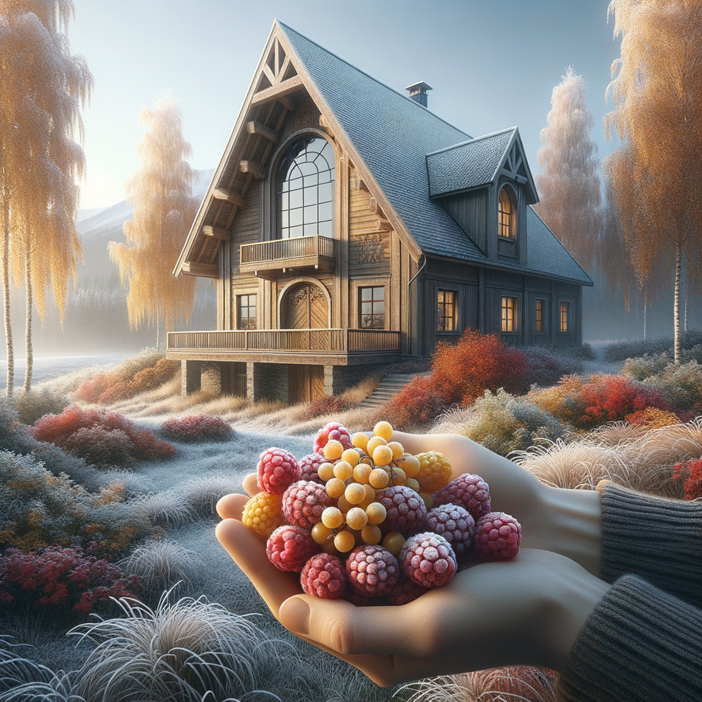 Wooden House Amid Frosty Foliage and Colorful Berries