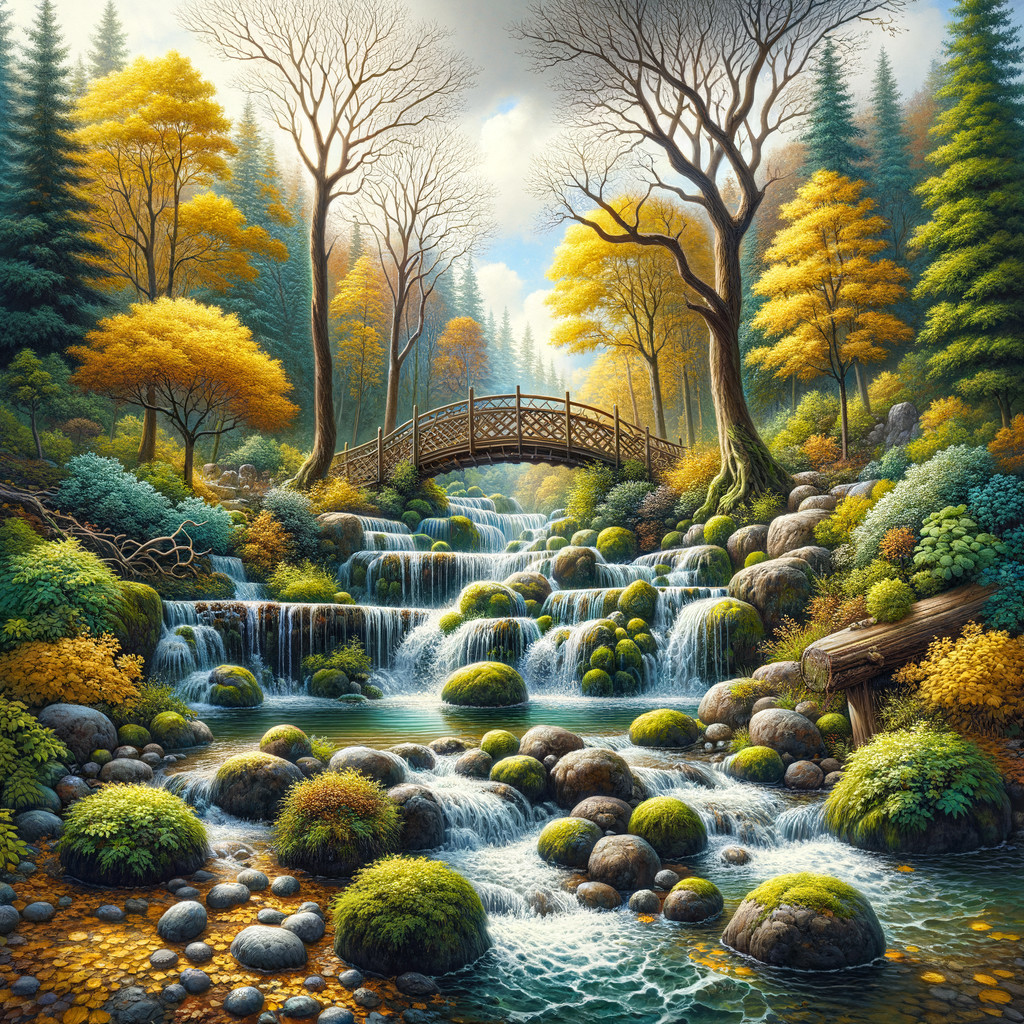 Cascading Waterfall in Lush Autumn Landscape