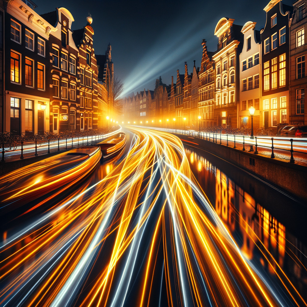 Long Exposure of a Canal City at Night with Lights