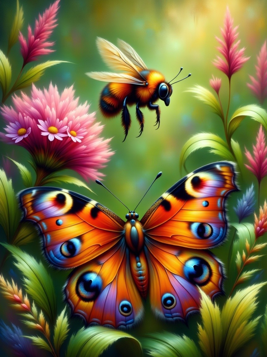 Colorful Butterfly and Bumblebee in Lush Nature Scene