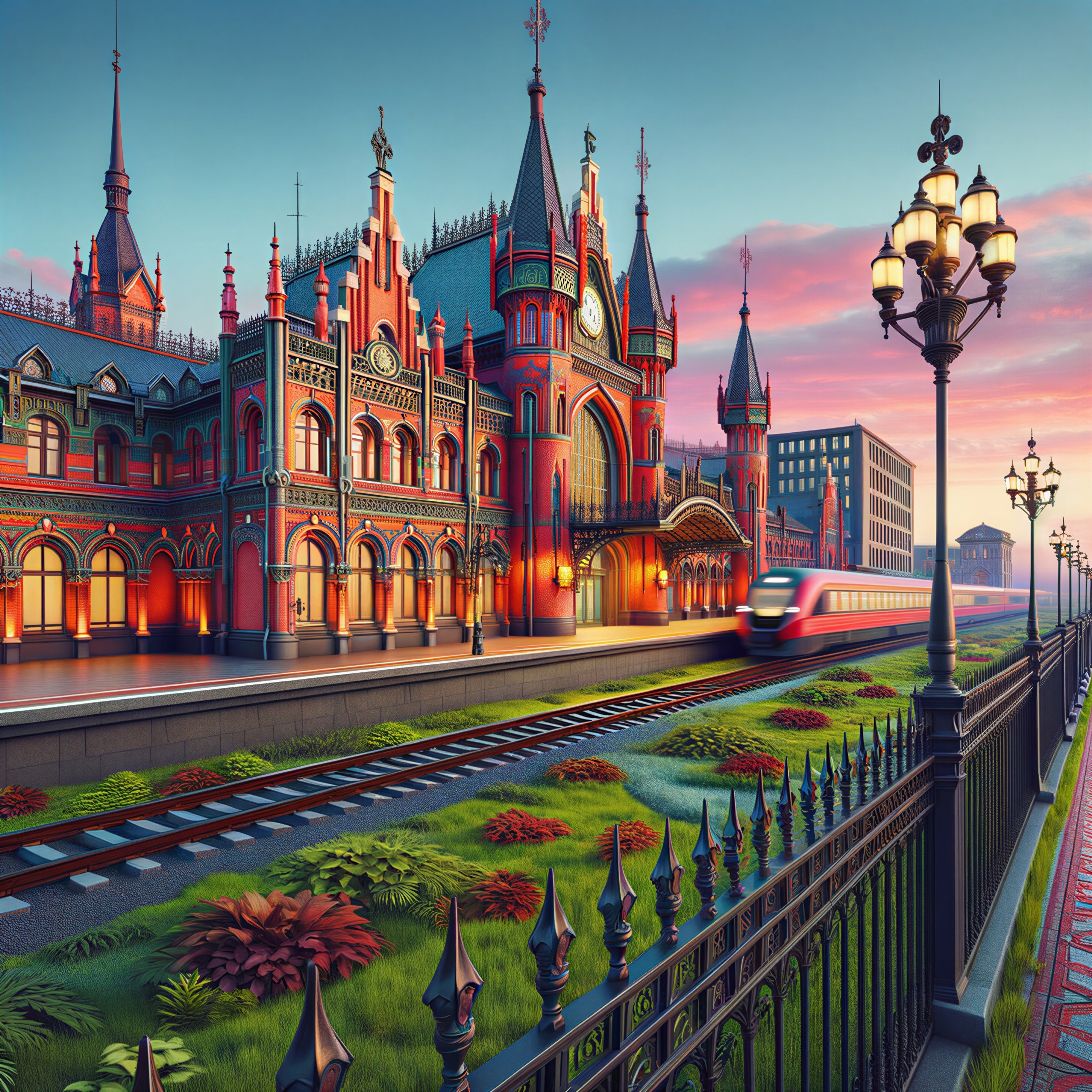 Gothic Train Station with Lush Greenery and Sunset Sky
