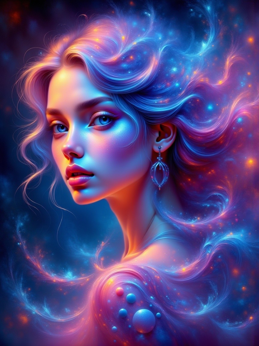 Ethereal Portrait of a Young Woman with Cosmic Hair