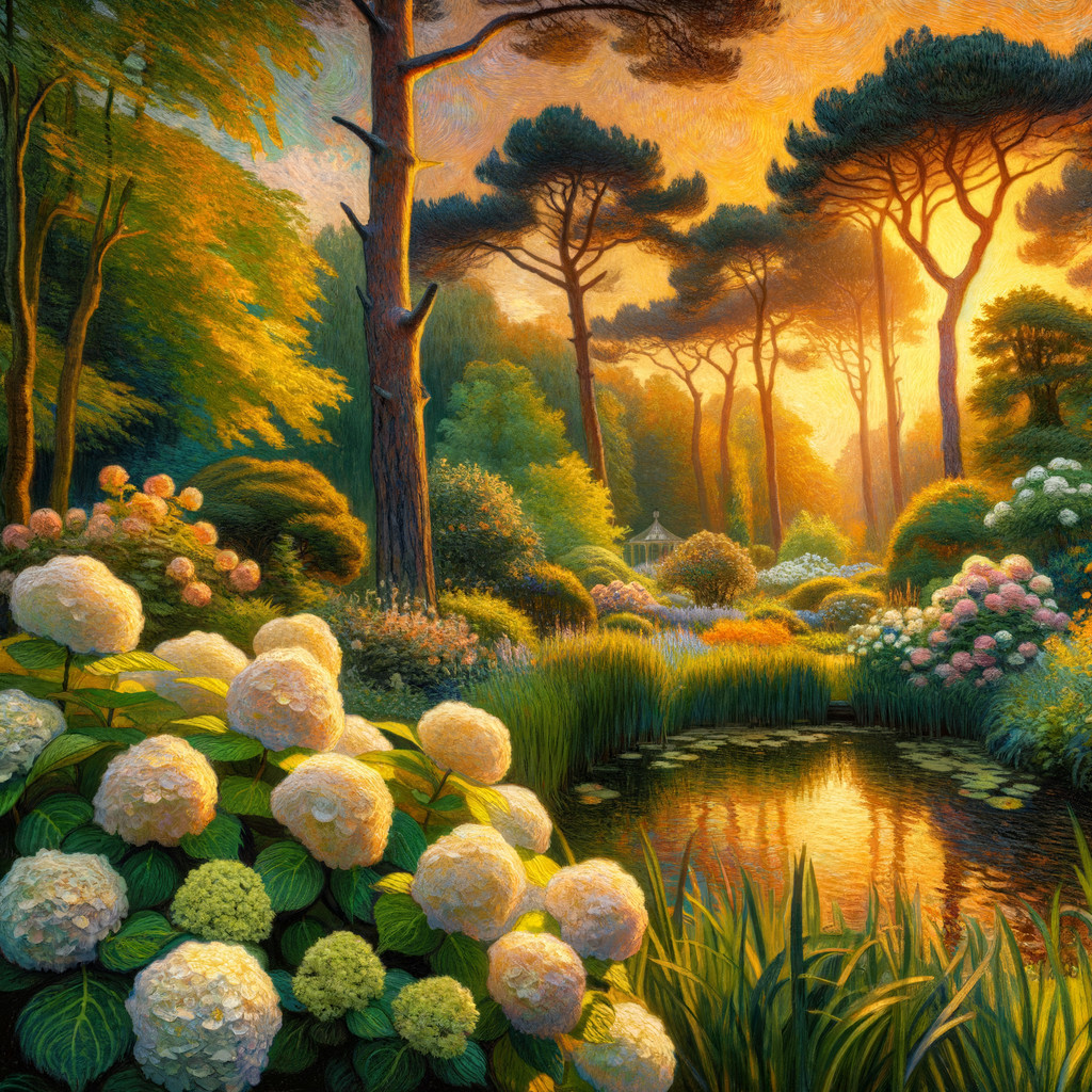 Serene Garden at Sunset with Lush Foliage and Pond