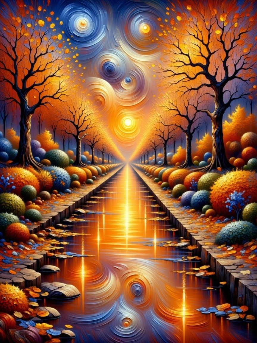 Surreal Autumn Landscape with Colorful Canal and Trees