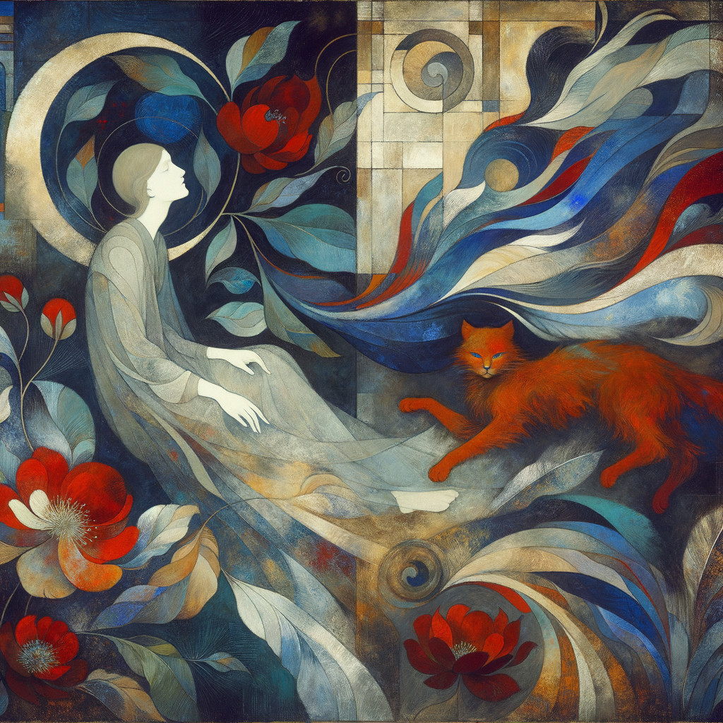 Serene scene with figure, fox, and floral patterns