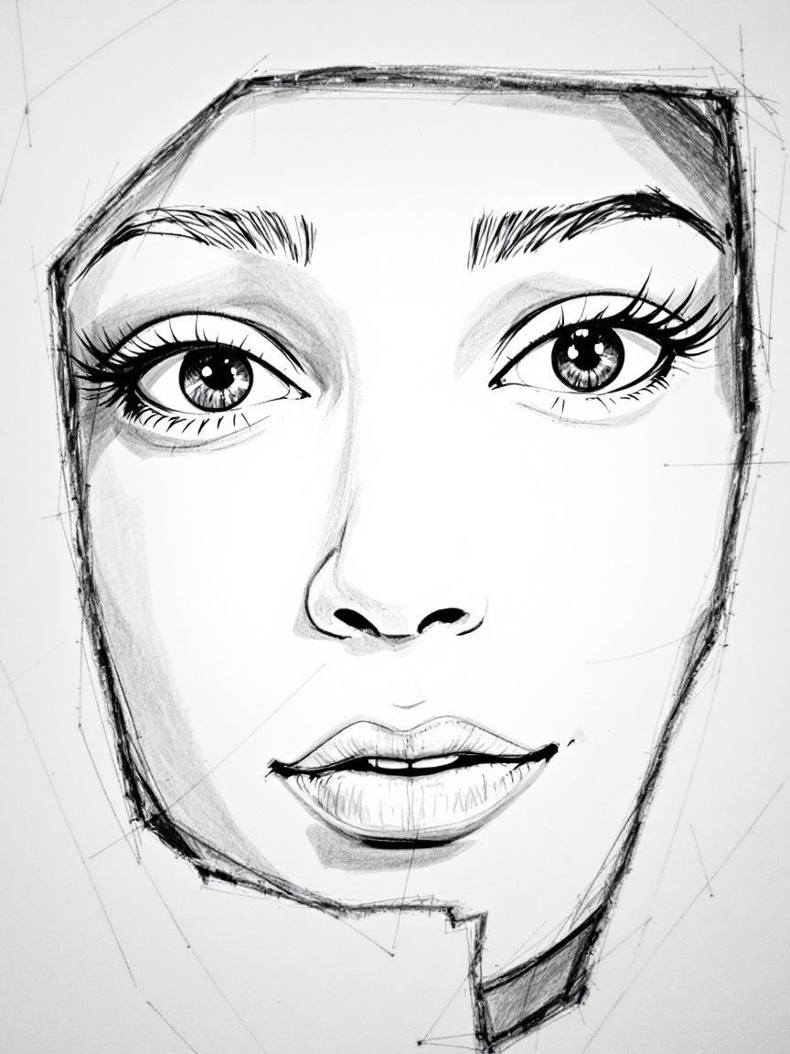 Black and white sketch of a woman's face with depth