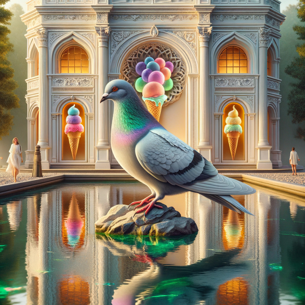 Colorful Pigeon and Enchanted Palace Scene Description