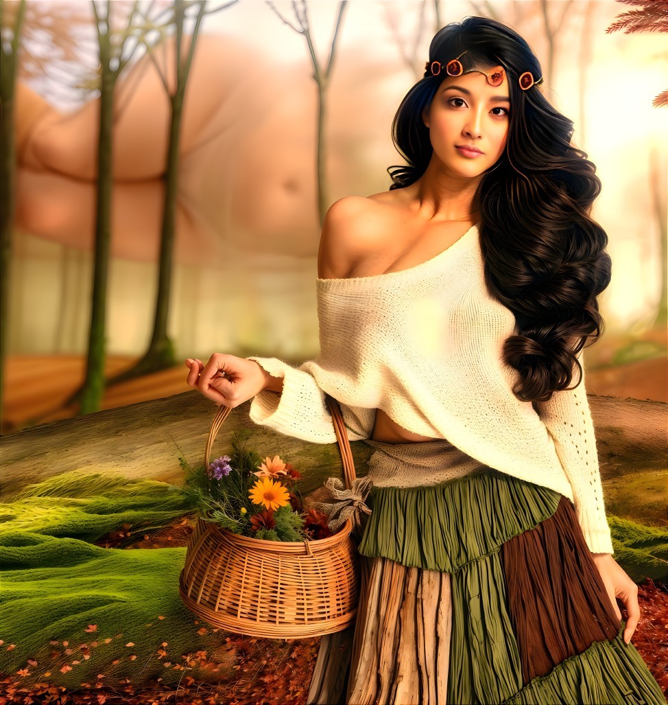Young Woman in Forest with Flowers and Sweater Outfit