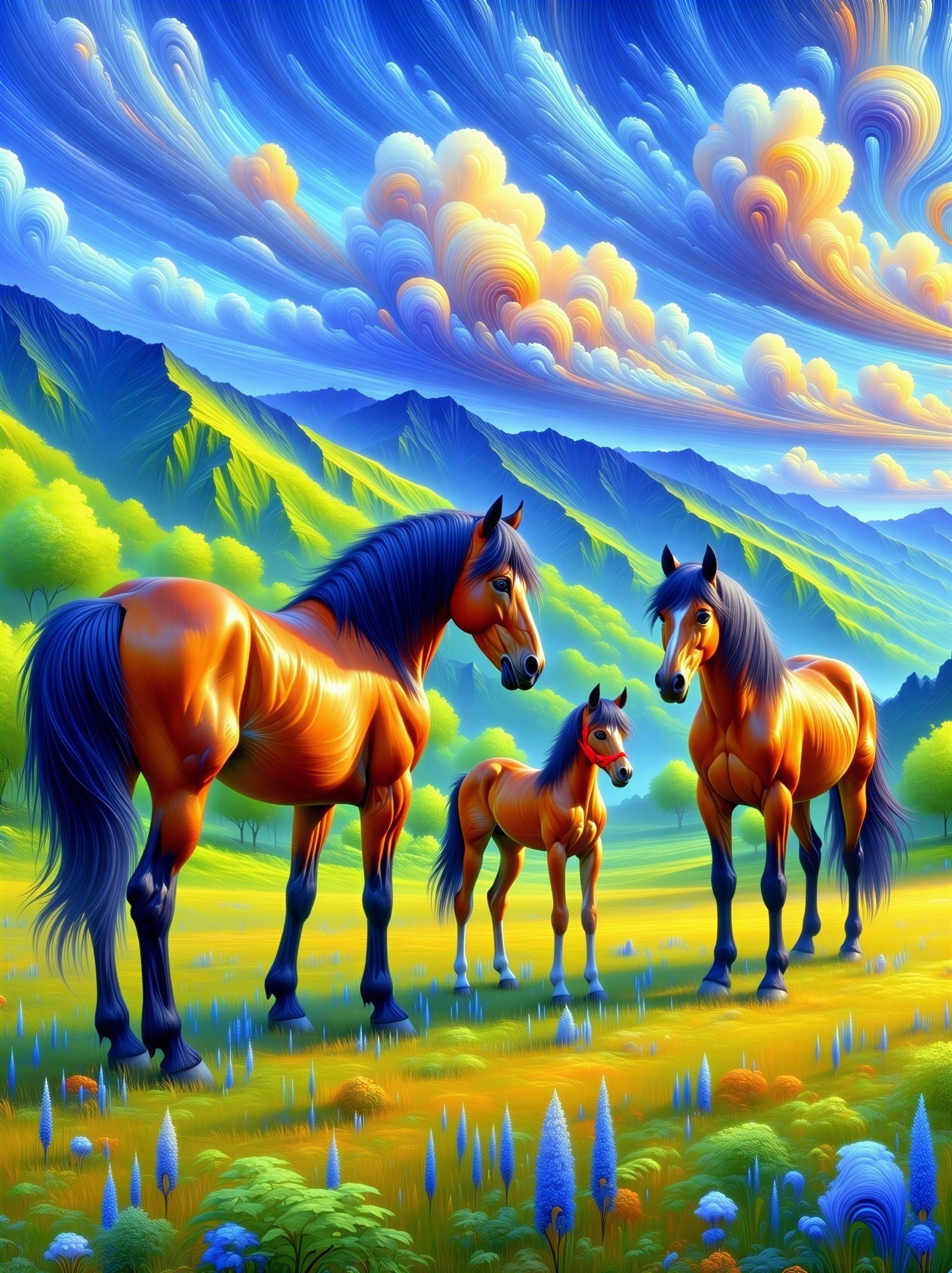Three Horses in a Colorful Landscape Scene