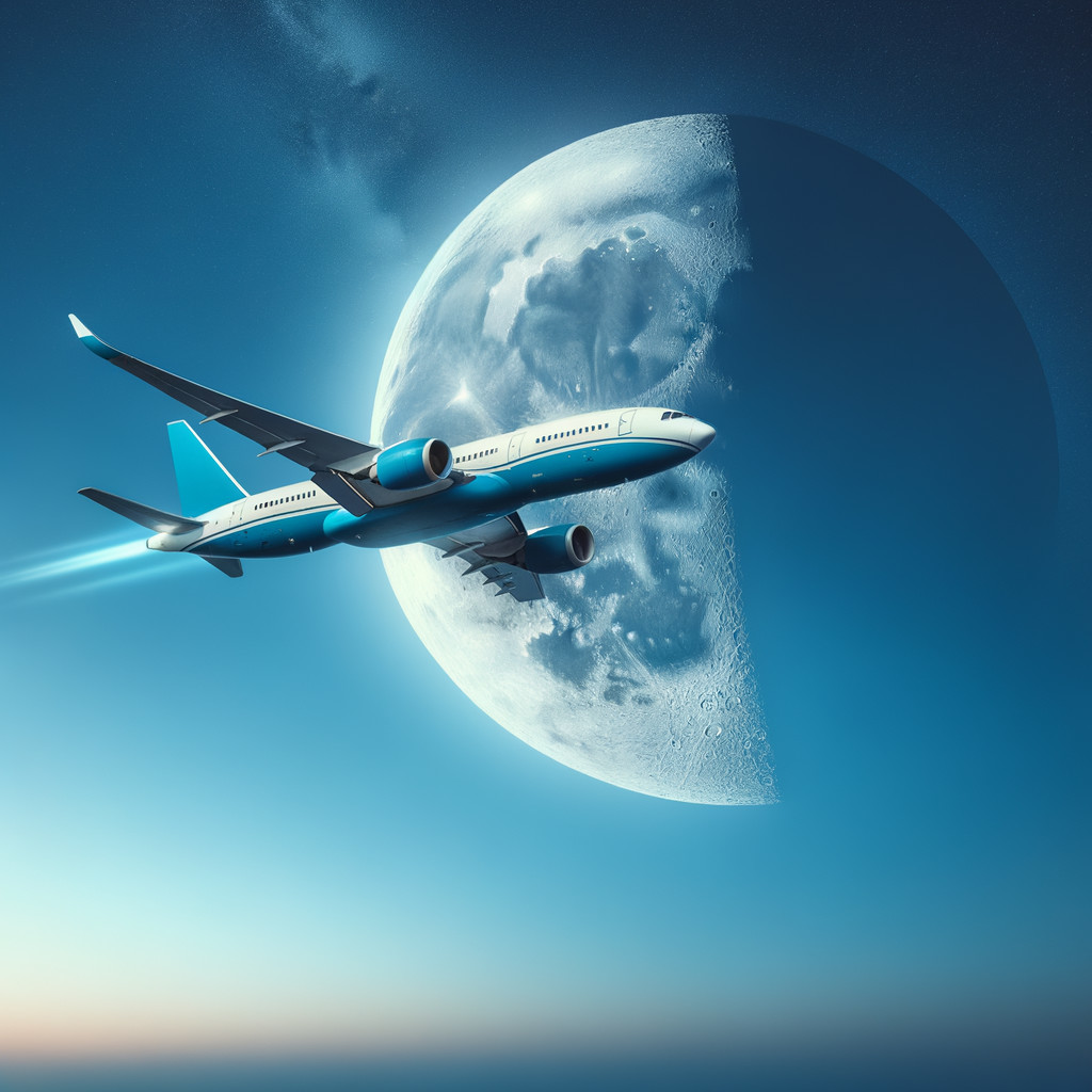 Aircraft in blue sky with moon and vapor trail