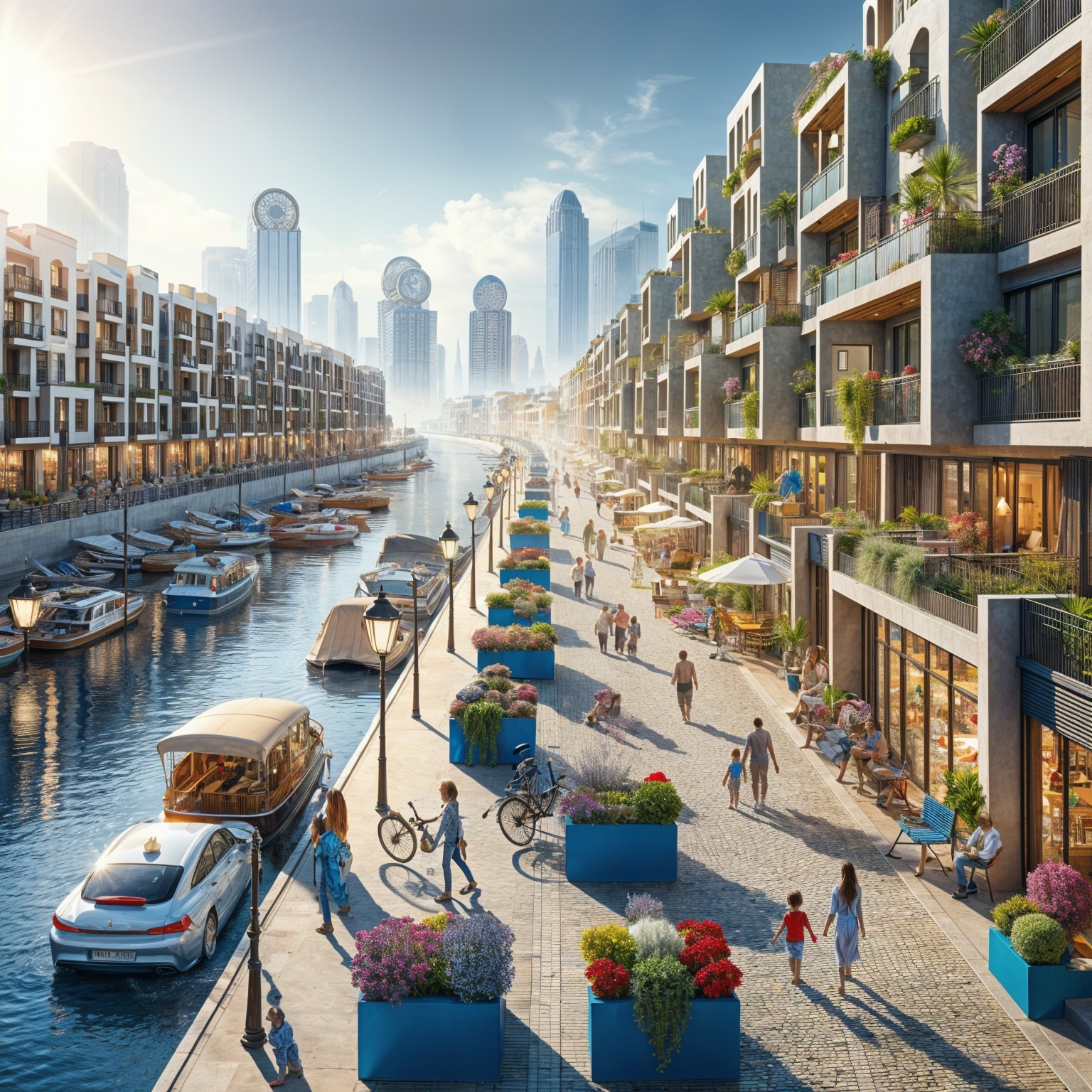 Vibrant Waterfront Scene with Modern Buildings and Canal