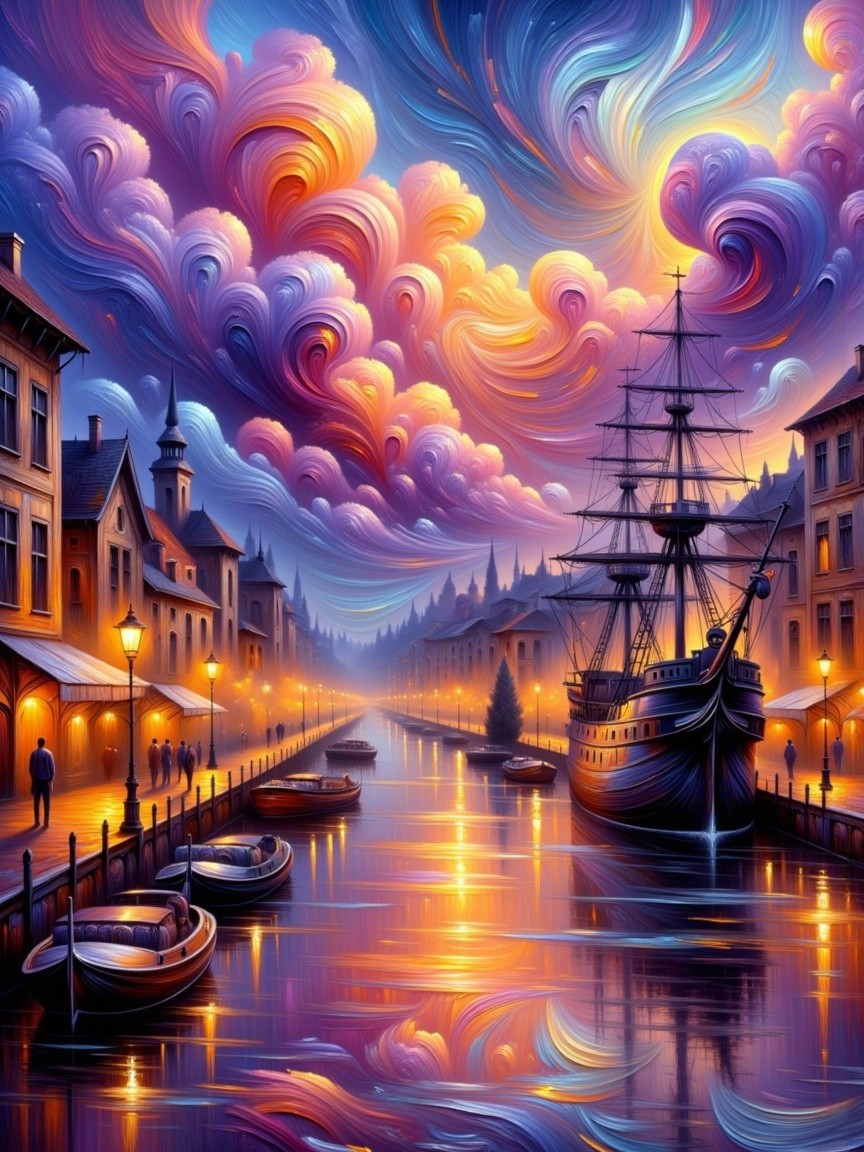 Vibrant Twilight Scene Along a Picturesque Canal