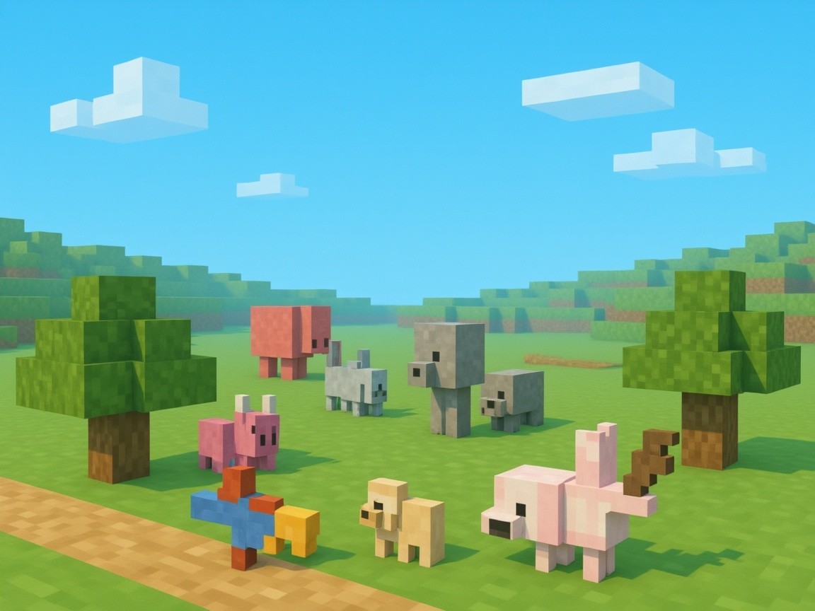 Pixelated Landscape with Colorful Animals and Hills