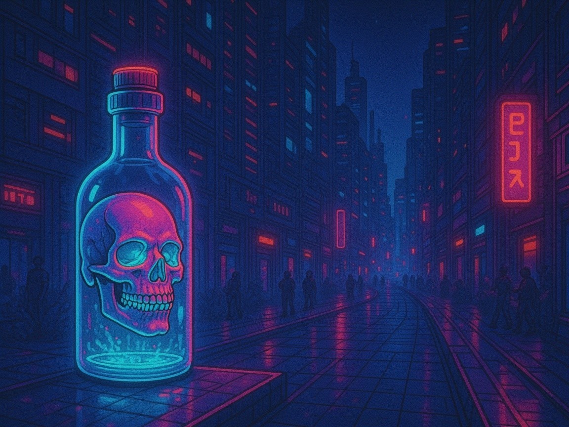 Neon-Lit Urban Night Scene with Glowing Skull Bottle