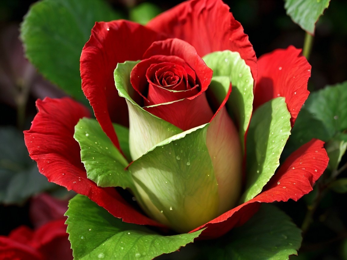 Striking Red and Green Rose with Water Droplets