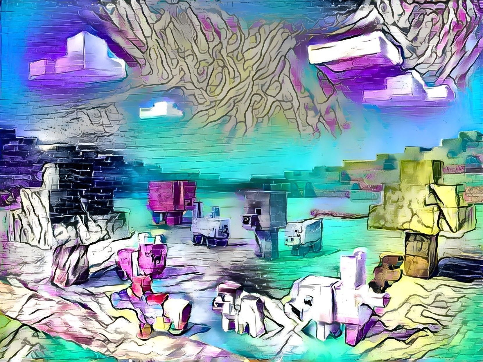 Abstract Pixelated Landscape with Colorful Animals