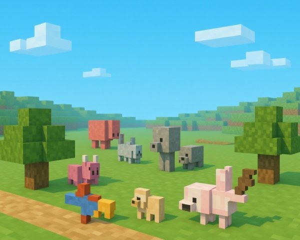 Pixelated Landscape with Colorful Animals and Hills