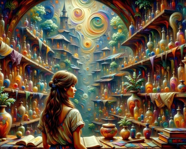 Whimsical Oil Painting of a Young Woman with Bottles