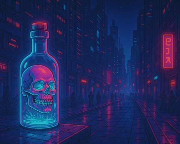 Neon-Lit Urban Night Scene with Glowing Skull Bottle