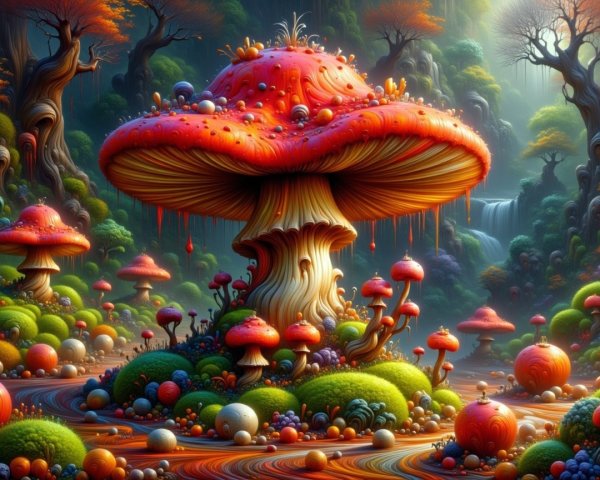 Surreal Landscape with Colorful Mushrooms and Waterfall
