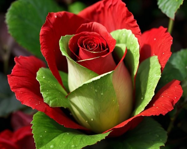 Striking Red and Green Rose with Water Droplets