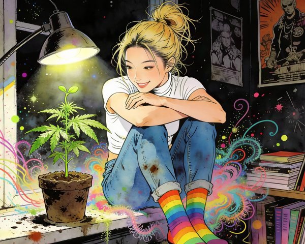 High-Angle Photograph of Anime Girl on Window Sill