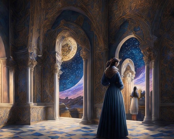 Woman in Dark Blue Dress Against Starry Night Sky