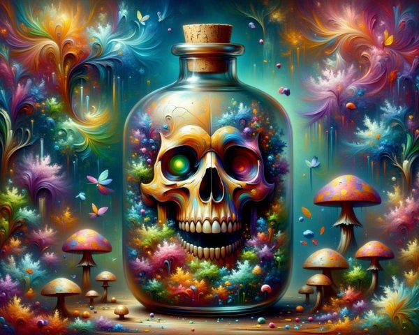 Surreal Scene with Colorful Skull and Floral Patterns