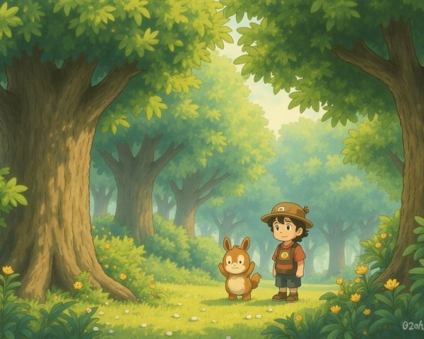 Young boy and cartoon creature in a magical forest