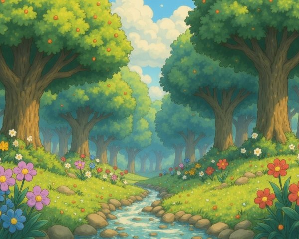 Serene Forest Scene with Lush Trees and Flowers