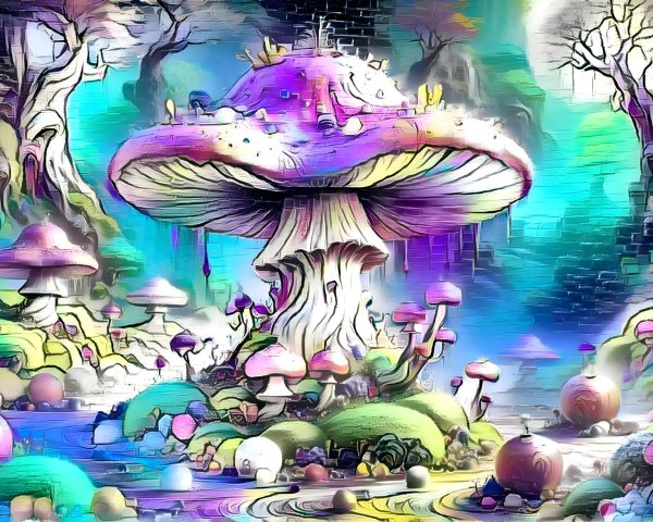 Surreal Landscape with Vibrant Oversized Mushrooms