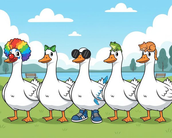 Cartoon Geese with Unique Accessories on Green Grass