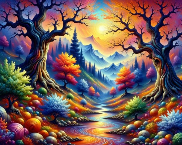Surreal Landscape with Colorful Trees and Sunset River