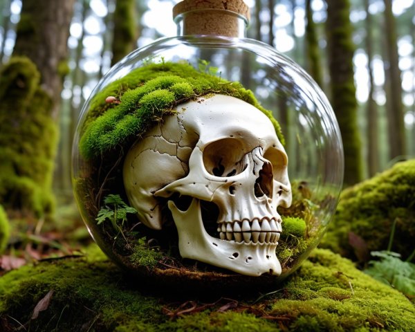 Glass Jar with Skull on Mossy Forest Floor