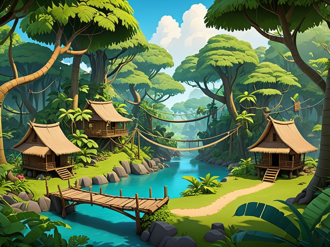 Tropical Landscape with Huts and Flowing River