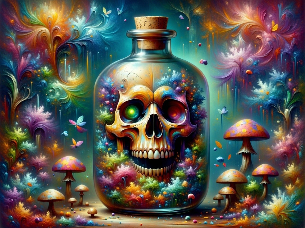 Surreal Scene with Colorful Skull and Floral Patterns