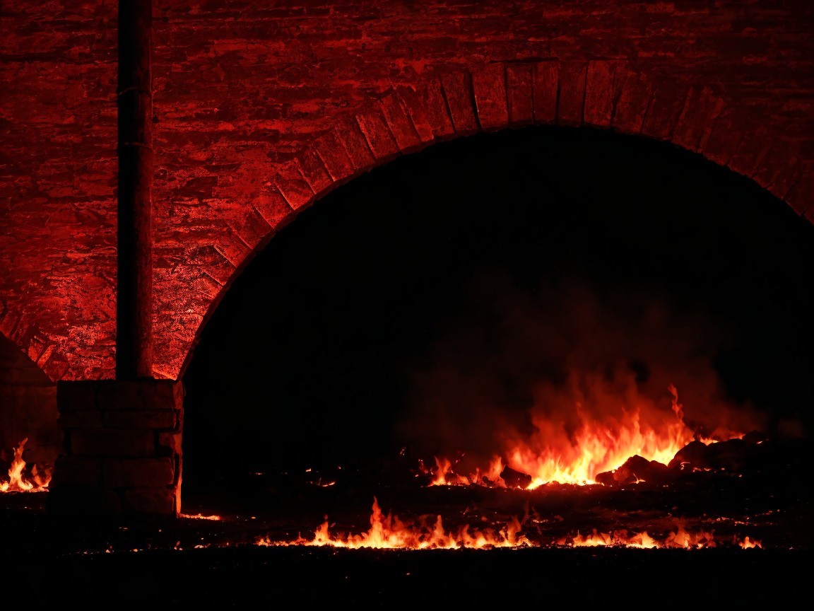 Dramatic Scene of Arched Stone Structure and Flames