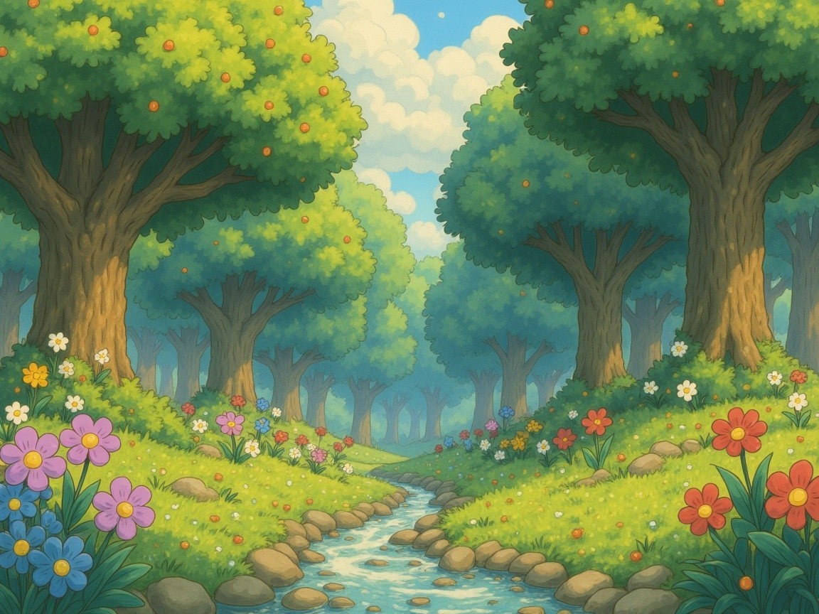 Serene Forest Scene with Lush Trees and Flowers