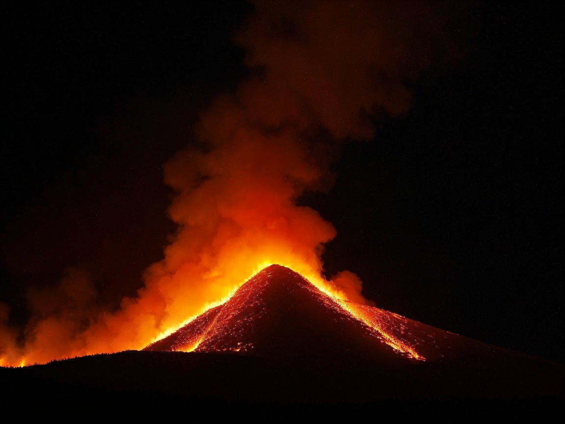 Volcano Eruption with Lava and Ash at Night