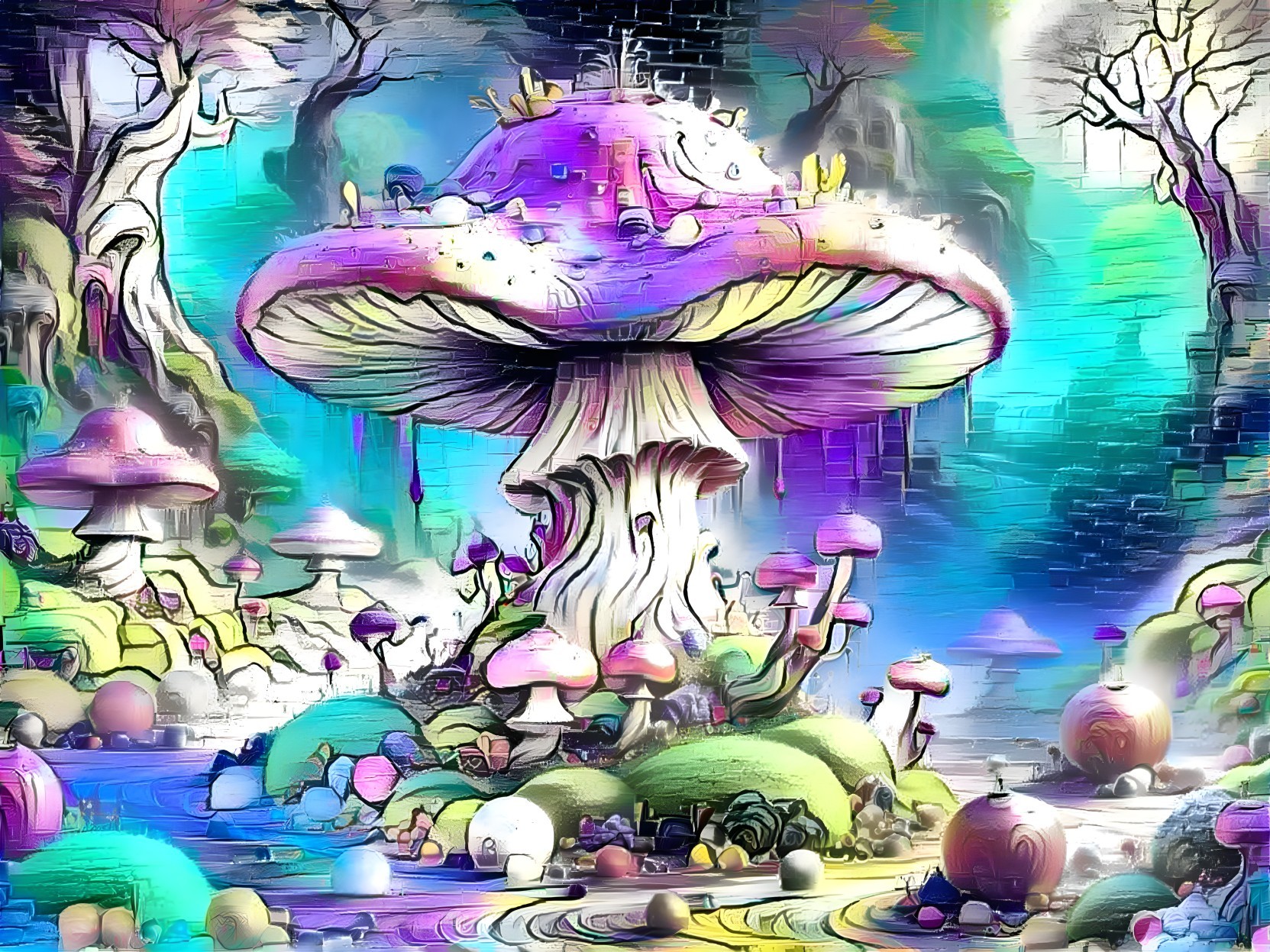 Surreal Landscape with Vibrant Oversized Mushrooms