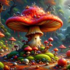 Surreal Landscape with Vibrant Oversized Mushrooms