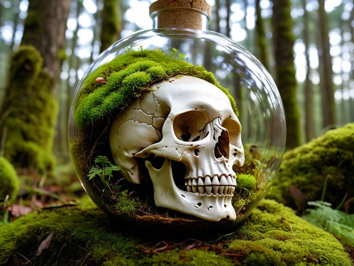 Glass Jar with Skull on Mossy Forest Floor