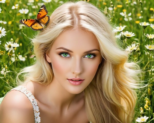 Young Woman in Daisies with Butterfly in Hair