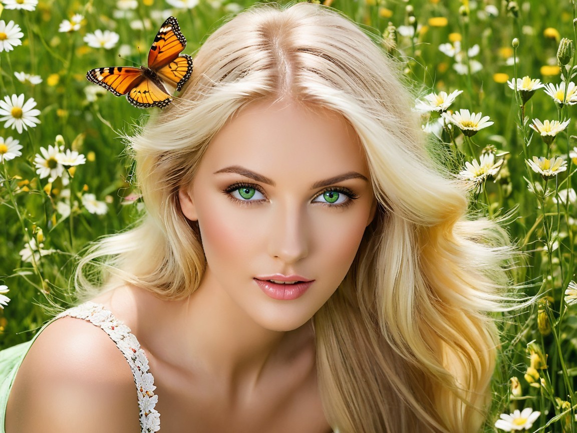 Young Woman in Daisies with Butterfly in Hair