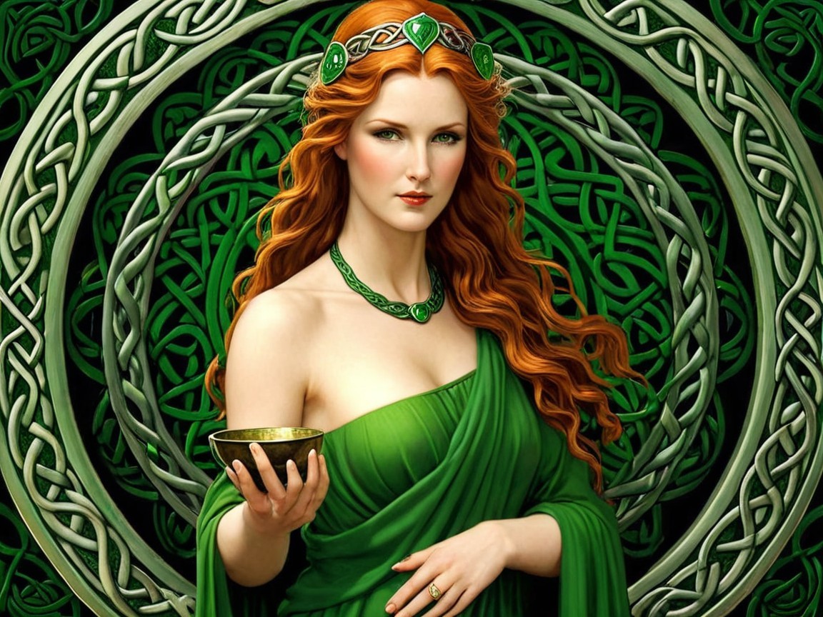 Striking Woman in Green Gown with Celtic Background