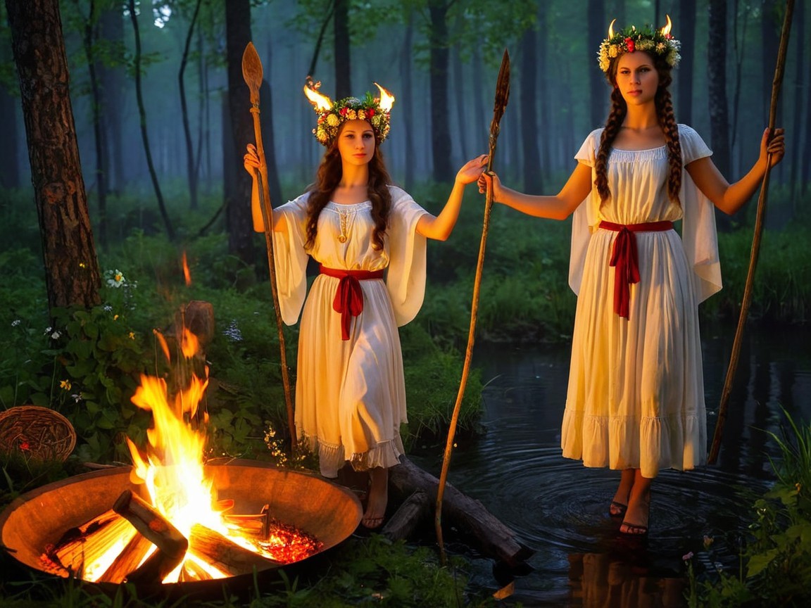 Ethereal Figures in a Mystical Twilight Forest Scene