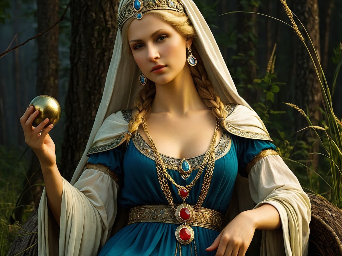 Medieval Woman in Forest with Golden Orb and Crown