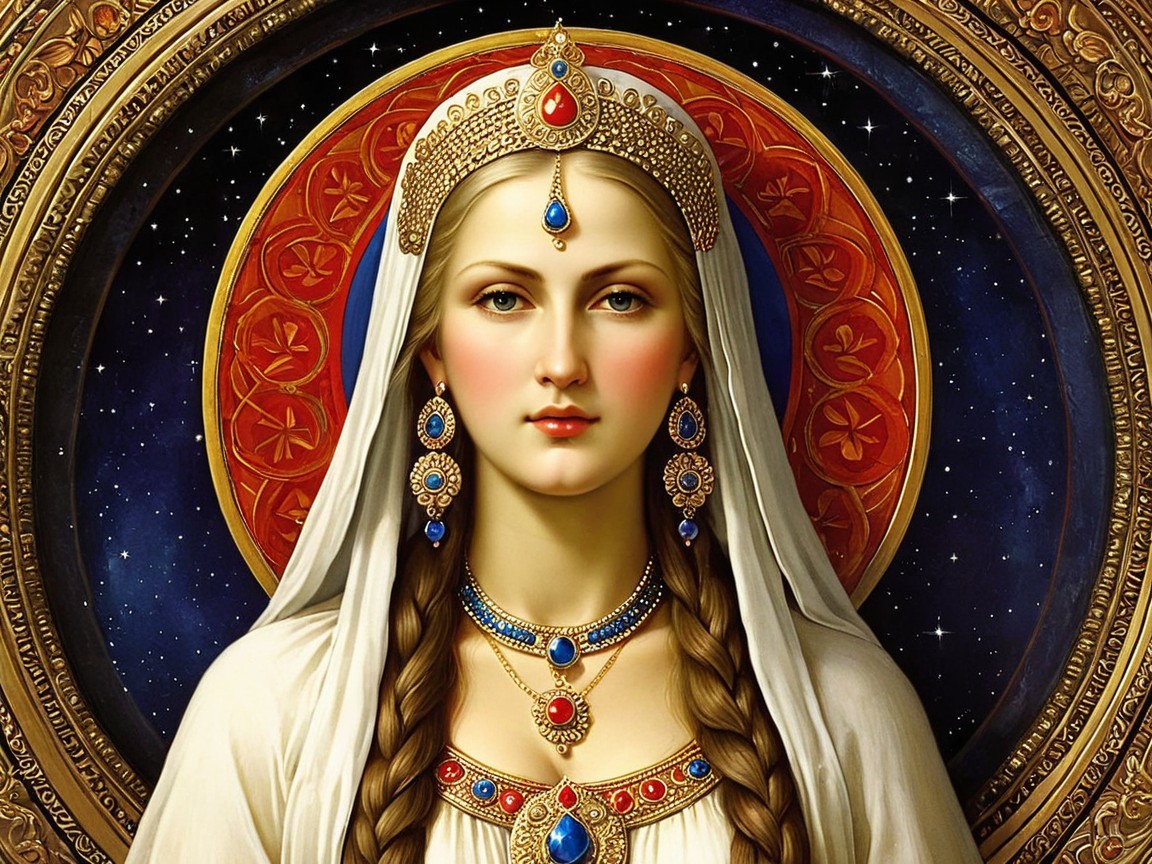 Regal Woman in Jewelry with Celestial Background